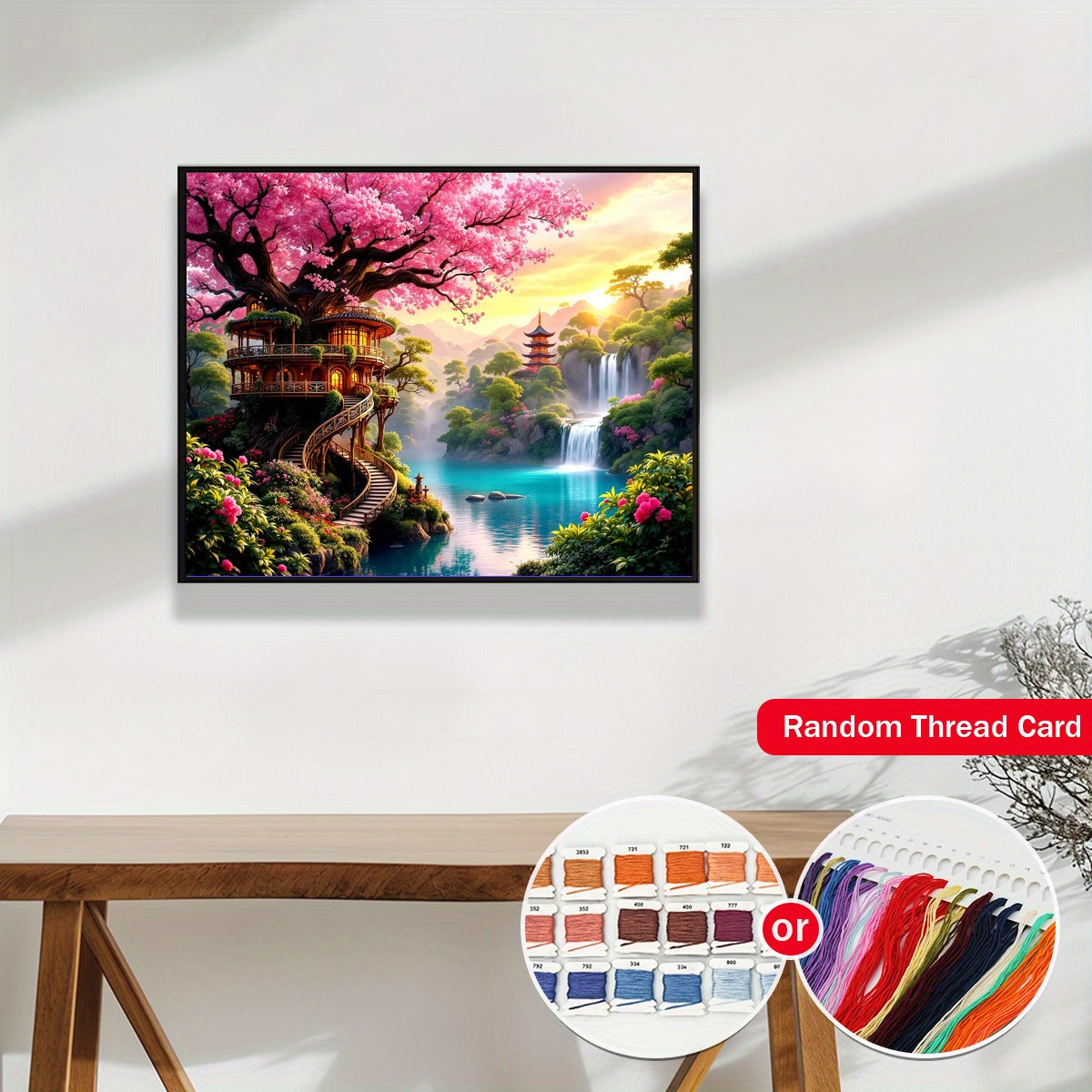 ZUOANLF 1 Set 15.75x19.69inch DIY Cross Stitch Kit - Vibrant Landscape with Cherry Blossom Tree, Waterfall, and Pagoda - Unframed, All-Season Home Decor for Living Room, Entryway, or Bedroom - Includes Pattern Fabric and Thre