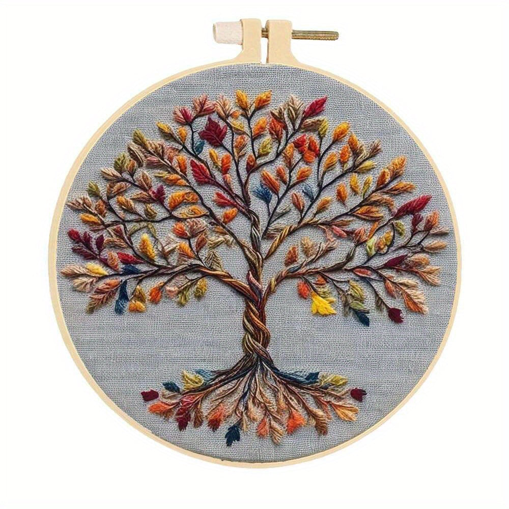 HUACAN 1pc Embroidery Tree Landscape Counted Cross Stitch Kits Unprinted with Pre-printed Patterns Hoops Multicolor Threads Tools