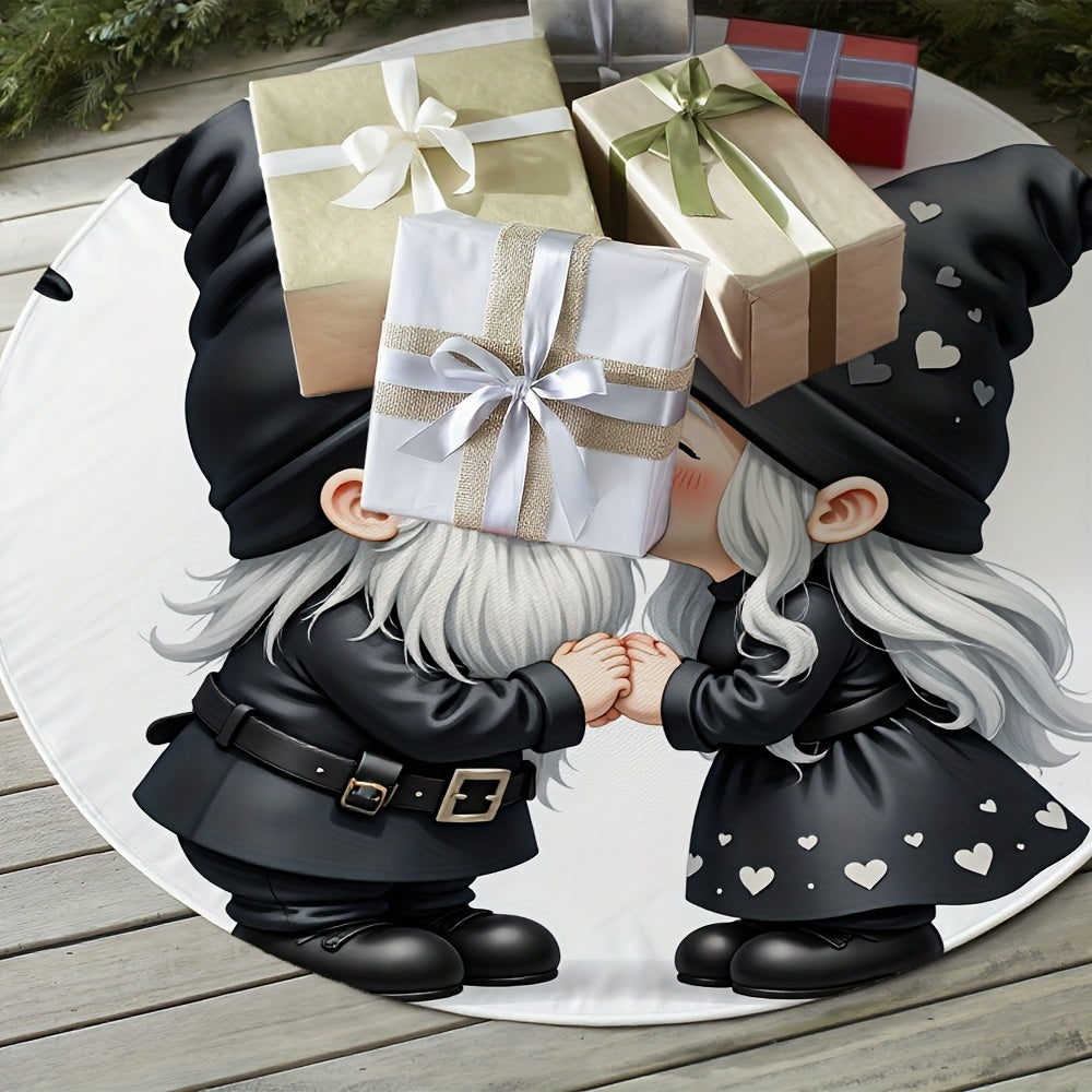 Cute Gnome Couple Christmas Tree Skirt with Matching Gnomes - Soft Black & White Heart-Patterned Outfit for Xmas Tree Base, Holiday Party Decorations, / Use (Compatible with Standard Trees) - Festive Dwarf Duo, Cross Stitch K