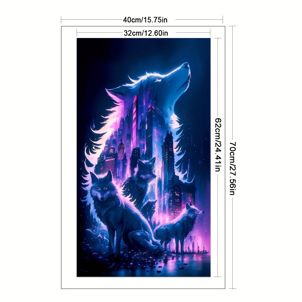 Cross Stitch Kit - 11-Count, 3-Thread, 15.75x27.56inch, Cyber City Silhouette Wolf Design, Vibrant Purple & Blue Urban Skyline with Howling Wolves, Detailed Embroidery Pattern for All Seasons, Embroidery Kit|Vibrant Embroider
