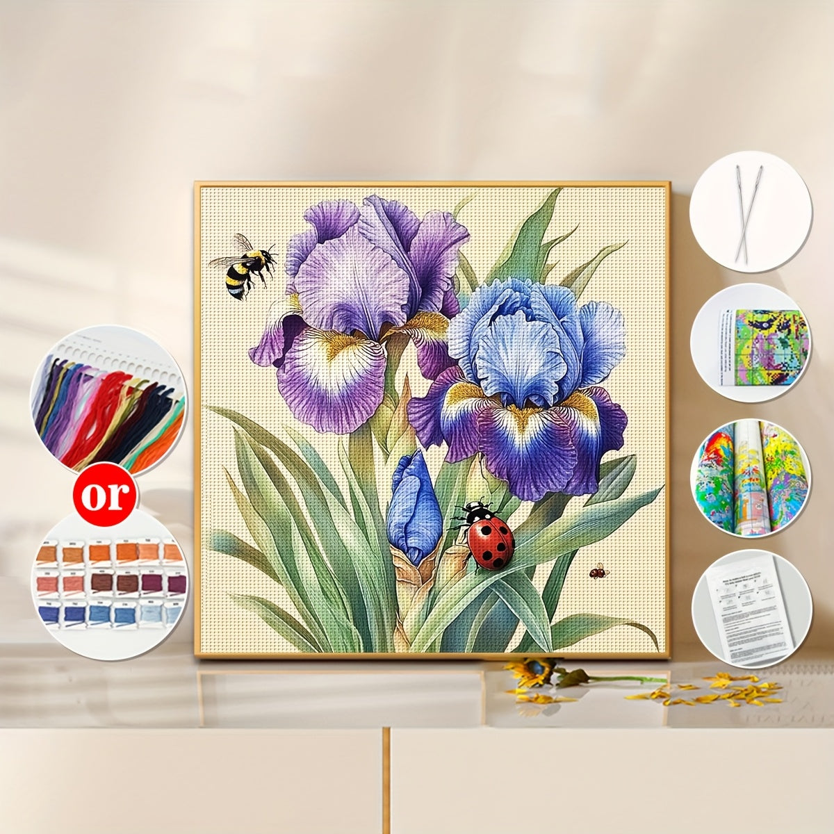 JOZYSH 15.75x15.75inch DIY Cross Stitch Kit - Vibrant Iris Floral Design with Butterflies & Bees, All-Season Fabric Cross Stitch Material, Perfect for Home Decor, Living Room, Bedroom, or Gift, Bedroom Wall Art | Vibrant Flor