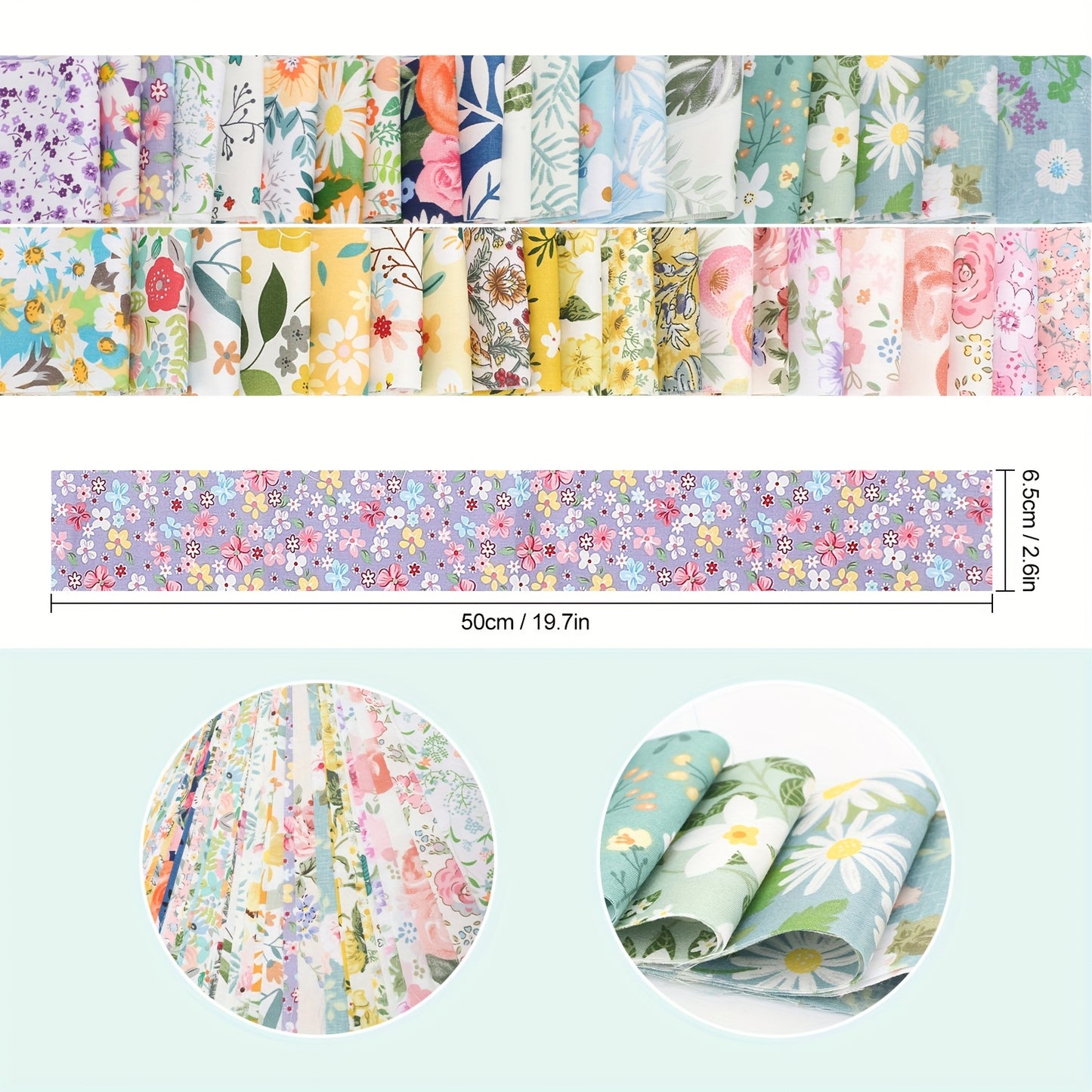 40pcs 2.5x19.7" Floral Fabric Rolls, Pre-Cut Quilted Strips, Soft & Breathable Cotton, Vibrant Floral Patterns for Crafts, Sewing, and Holiday Projects, Christmas Gift, Black Friday Deals