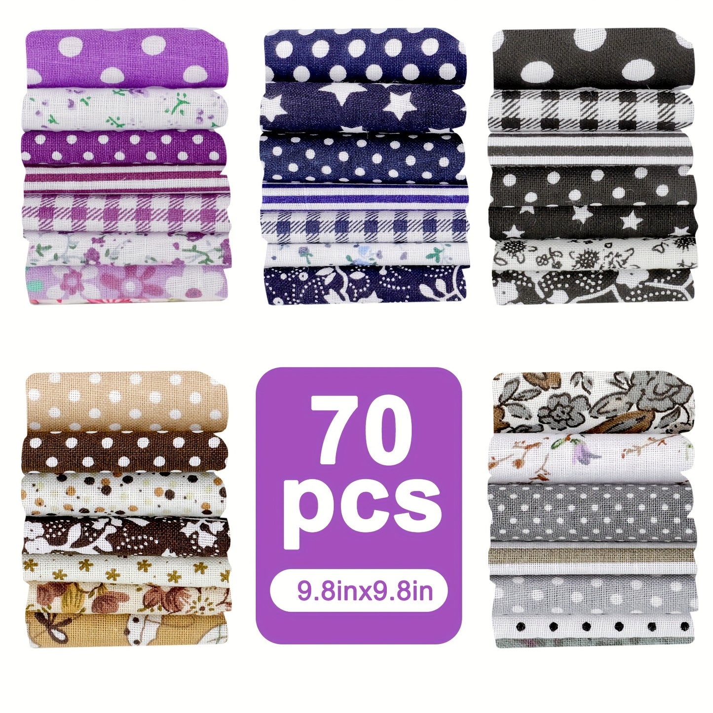 70pcs Precut Fabric Bundle - 9.8x9.8" Square Crafting Fabrics - Pre-Cut for Quilting, Crafts, Blankets, Bags, Clothing - Soft Cotton Material - Ideal for Beginners & Experienced Crafters