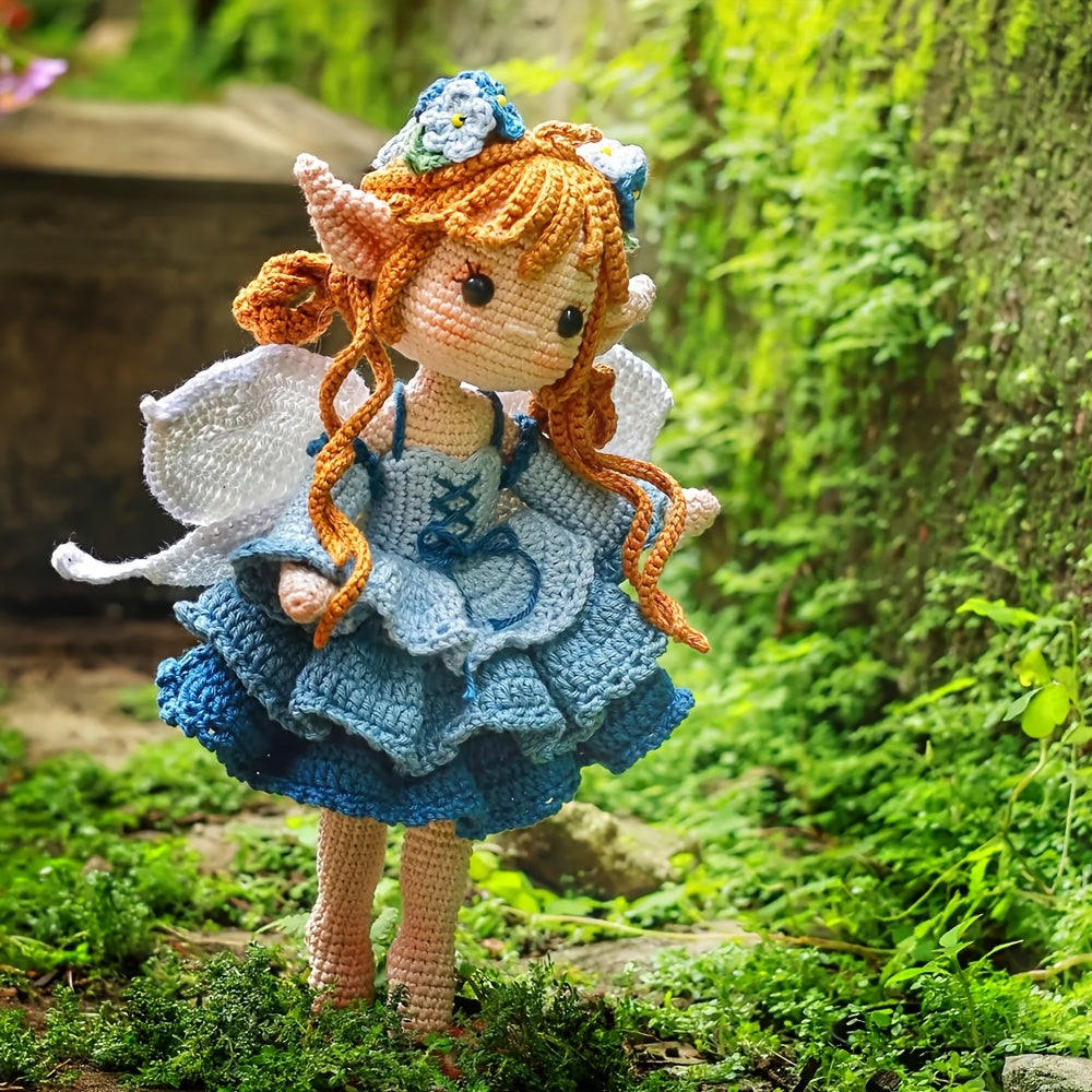 Complete DIY Crochet Kit for Adults: Handmade Fairy Girl Doll with Blue Flowers - Crochet Yarn & Hooks Set, Step-by-Step Instructions, Brown/White/Blue Yarn, All-Season Handicraft Project for Wedding Decor, Valentine's/Mother