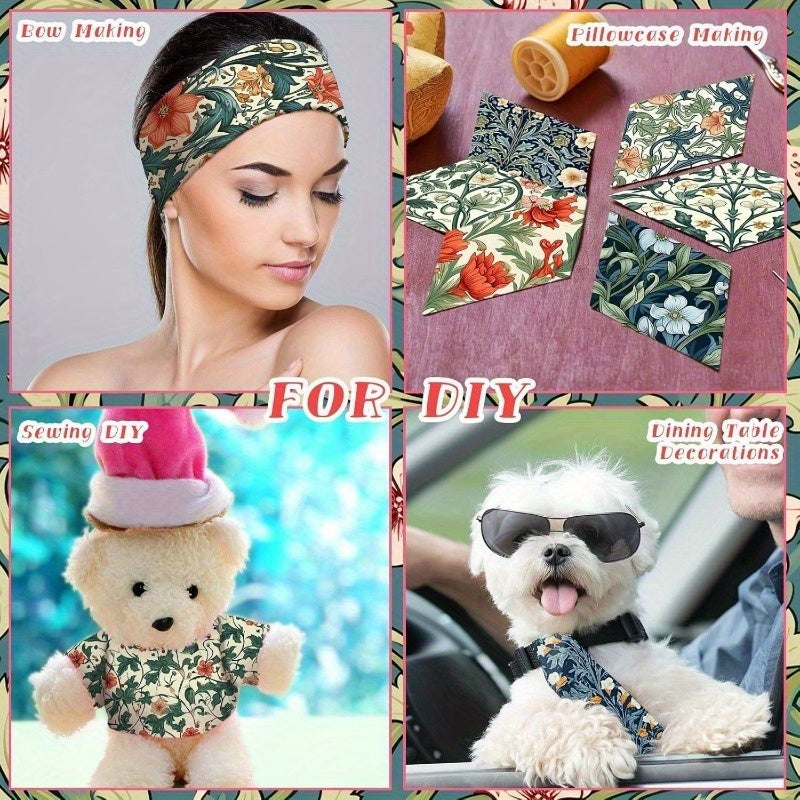 40pcs 6.5*50cm (2.55*19.7 inches) green background red flower series, articulated quilting fabric set, DIY patchwork crafts material with different patterns, hobbyist pre-cut DIY handmade doll clothes and sewing supplies.