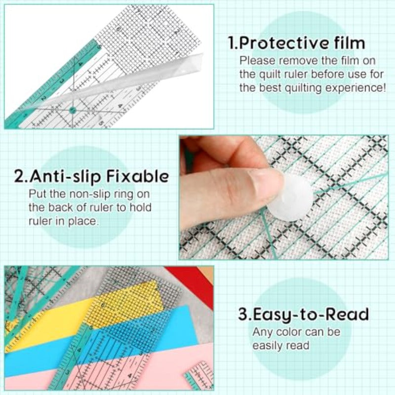 Flutesan 8pcs Acrylic Square Quilting Ruler and Templates 4. 5 6 9. 5 12. 5 1. 5 x 12 1 x 12 3 x 8 1 x 6 Acrylic Sewing Ruler for Quilting and Sewing with Non Slip Rings 24pcs,  Precision Sewing Aid, Square Sewing Templates,