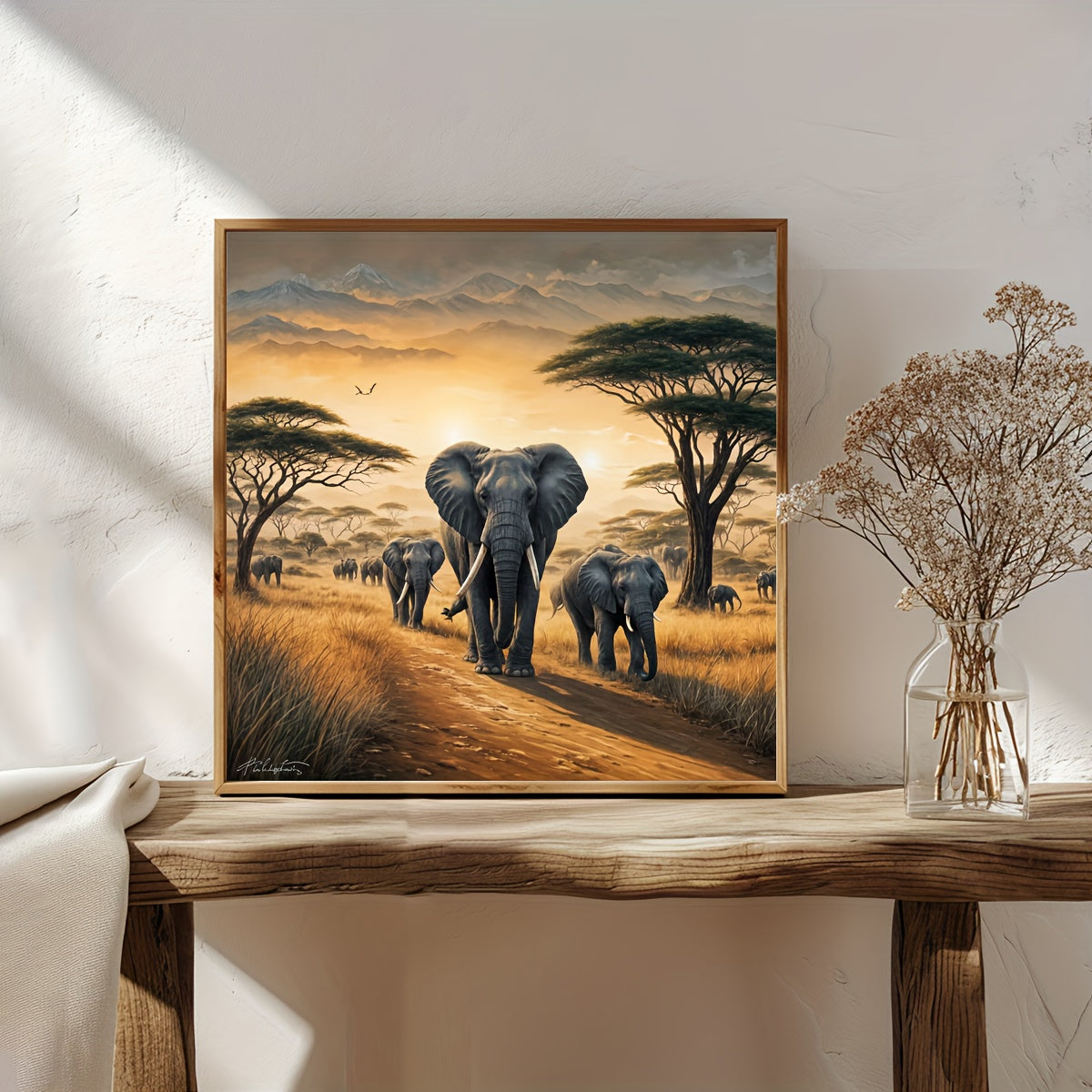 JOZYSH 1pc 40x40cm/15.7x15.7in Elephant Savanna Cross Stitch DIY Kit - 11CT/14CT Fabric, Ideal for Beginners, Perfect for Bedroom or Living Room Wall Decor, Includes Canvas, Needle, Thread, Pattern, and Instructions, Relaxing