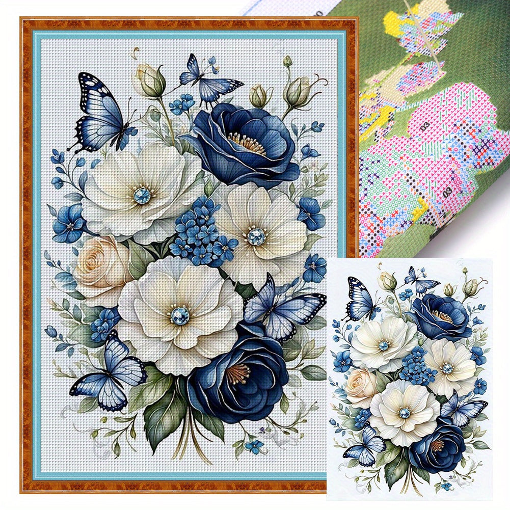 Blue And White Flowers And Butterfly - DIY Eco- Thread 11CT Stamped Flower Series Full Embroidery Cross Stitch Kit 15.75x23.62inch, with Tools, Embroidery Threads & Instructions - Good Gift for Craft Lovers and Art Enthusiast