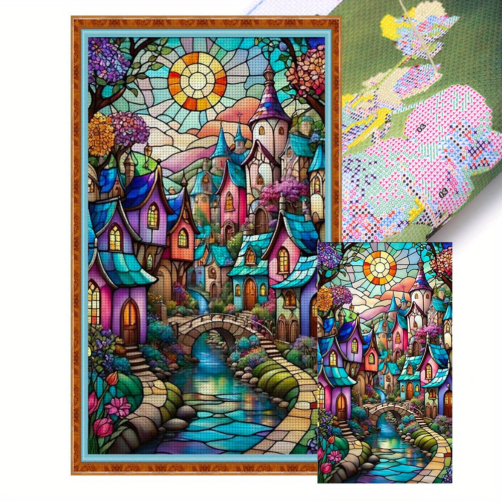 Stamped Cross Stitch Kits for Adults, Stained Glass House Embroidery Kits for Beginners, 11CT Patterns, Counted Embroidery Needlepoint Kits Home Decor, 15.7 x 27.5 inch