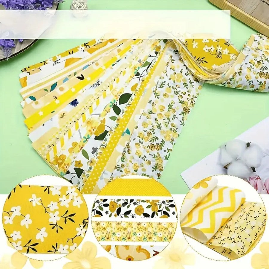 78pcs Pre-Cut Floral Fabric Strips - Yellow Floral pattern with Green Foliage, Precise Pre-Cut strips for Quilting, Sewing, Crafts - Ideal for Quilt Blocks, Covers, Home Decor - Fabric for Beginners & Experts