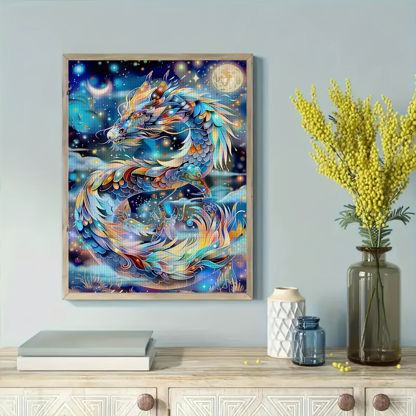 1 Set - Starry Night Dragon Cross Stitch Kit, DIY Colorful Needle and Thread Art, 11CT Cross Stitch Fabric Craft Kit with thread, Needles, and Instructions, Size 14.17×18.11 Inches.