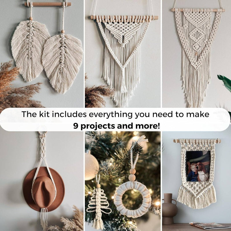 115pcs Complete Macrame Kit for Beginners with 9 Step-by-Step Bohemian Crafts Book & 220yd Yarn (115 Supplies) - DIY Wall Hanging, Plant Hanger, Tassel Garland, Cord Projects - Macrame Making Craft for Adults, Complete Starte
