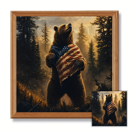JOZYSH 11x11" Patriotic Bear Cross Stitch Kit - American Flag & Bear Design, Easy DIY Wall Hanging for Home, Office, or Christmas Gift, All-Season Craft Decor, Allseason Craft Decor | American Flag Theme | Durable Fabric, Cro