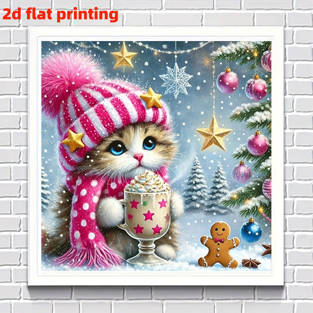 2D Flat Printing New Creative Acrylic Decorative Painting, Cute Christmas Cat in Snow Picture DIY Diamond Art Kit, Round Full Drill Canvas Mosaic Craft Set for Halloween/New Year/Christmas Bedroom Office Living Room Wall Déc