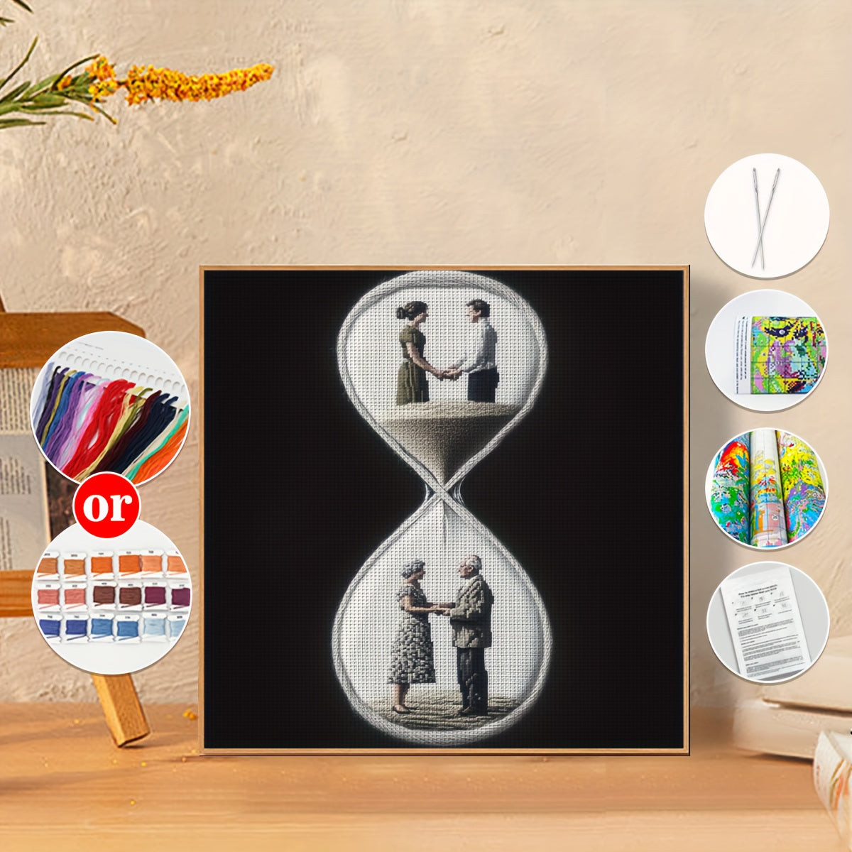ZUOANLF DIY Cross Stitch Kit - Romantic Hourglass Love Scene, 30x30cm/11.8x11.8Inch, 40x40cm/15.7x15.7Inch, Fabric Wall Art with Threads, Needle, Pattern, and Instructions for Home Decor or Gift, All-Season Love Theme, Romant