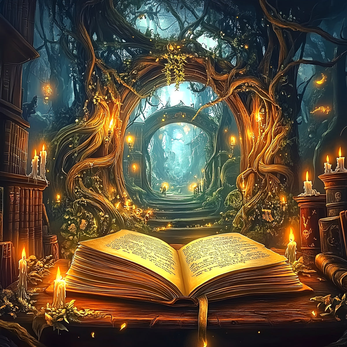 ZUOANLF 19.69x19.69inch DIY Cross Stitch Kit - Enchanted Forest Landscape with Open Book & Candles, No Frame, Includes Pattern Fabric & Threads, Perfect for Living Room, Entryway, or Bedroom Decor, Bedroom Wall Art | Mystical