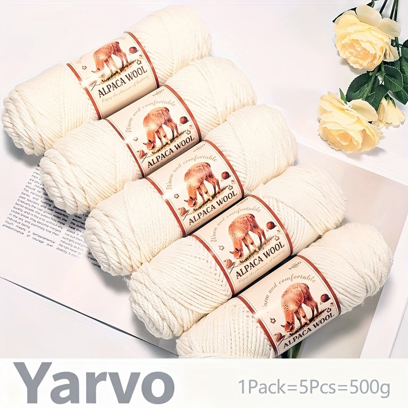 1 Pack (5 Balls) 500g Alpaca Wool Yarn - Thick Warm Winter Knitting Fiber, Alpaca Wool Yarn for DIY Hand-Knitting Scarves, Hats, Sweaters, Multi-Color (Brown/White/Black/Gray/Tan) - Perfect Gift for Crafters & Cold Weather