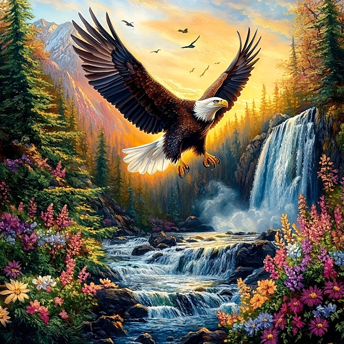 JOZYSH 1pc 40x40cm/15.7x15.7in Bald Eagle in Valley Cross Stitch DIY Kit - 11CT/14CT, Vibrant Mountain Landscape with Waterfall & Wildflowers, Perfect for Beginners, Bedroom or Living Room Wall Decor, Includes Canvas, Needle,