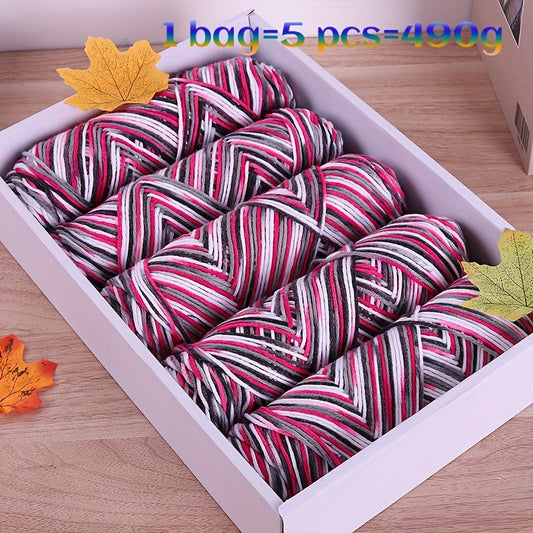 490g Multicolor Gradient Ombre Yarn Skein for Hand Knitting, 5-Ply Yarn Ball for Autumn/Winter Fashion Sweaters, Scarves, Hats, Gloves, Gifts, and Crafts, 5 Skeins per Pack