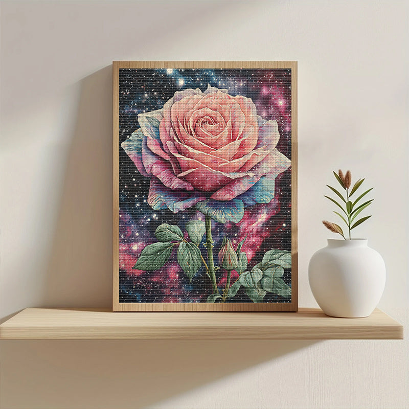 1pc DIY Floral Cross Stitch Kit - 13, 8x17, 7in Frameless Fabric, 11CT Printed Design with Pink Rose & Starry Night Sky, Includes Threads for Home Wall Decor, Mother'S Day Gift, Crafting Supplies, Cross Stitch Kits, Creative