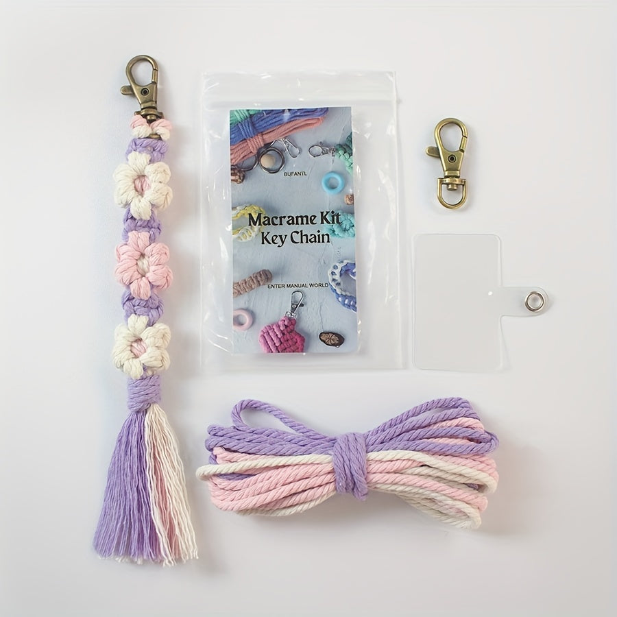 1pc Macrame Kit | Small Daisy Pattern Weaving Material Bag with Beginner Tutorial, Handmade Keychain and Bag Pendant, Suitable for Car Keys and Phone Cases, All-Season Craft Kit