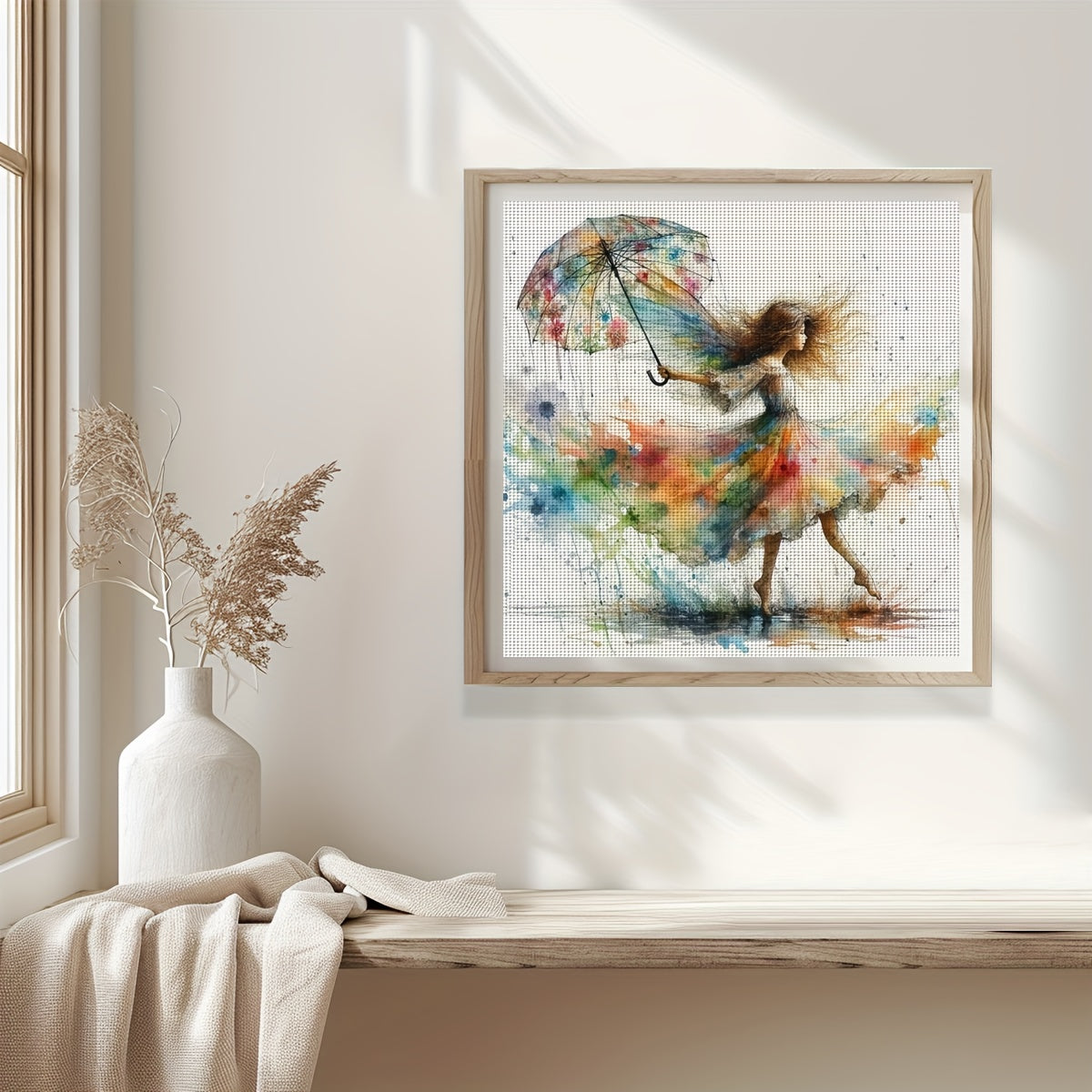 1pc JOZYSH 40x40cm DIY Cross Stitch Kit - Vibrant Umbrella Lady Canvas Art, Includes Fabric, Threads, Needle, Pattern & Instructions - Perfect for Beginners, Ideal for Home & Office Decor, Gift for Friends & Family, Beginner