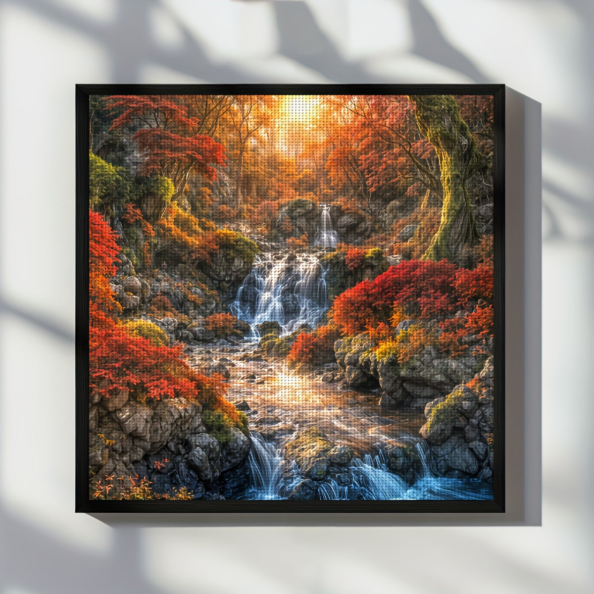 JOZYSH 1pc, 40x40cm/15.7x15.7in Autumn Landscape Cross Stitch Kit - Vibrant Mountain Waterfall Scene with Red & Orange Foliage, DIY Wall Hanging for Living Room or Bedroom, Perfect Holiday Gift, Includes Printed Pattern, Fabr