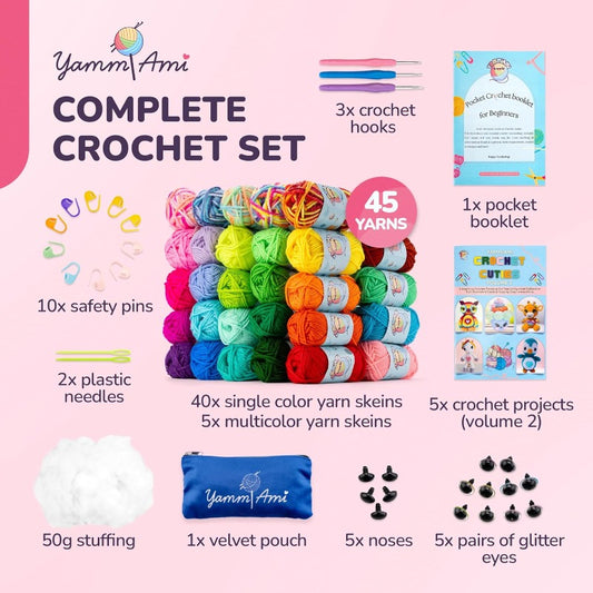 1620 Yards Beginner Crochet Kit for Adults and 79pcs Amigurumi Crochet Kit with 45 Skeins Yarn Ergonomic Hooks Accessories Set Storage Pouch and Amigurumi Book for Learning Crochet, Crochet Kit Beginner, Handmade Crochet, Cro