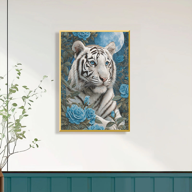1pc, 13.8x17.7in, White Tiger & Blue Roses Cross Stitch Kit - DIY Eco-Line Art, 11CT Embroidery Fabric, Includes Threads, Needle, and Instructions - Perfect for Home Wall Decor, Mother'S Day Gift, Unframed, Mother'S Day Gift|