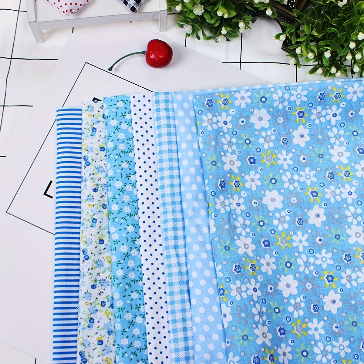 7pcs Blue Floral Cotton Squares 19.69"X19.69"/9.84X9.84Inch Fat Quarters - Pre-Cut Craft Fabric Bundles with Assorted Vibrant Floral Patterns, Machine Washable for Patchwork, Quilting, DIY Sewing Projects, Quilting Fabric, Qu