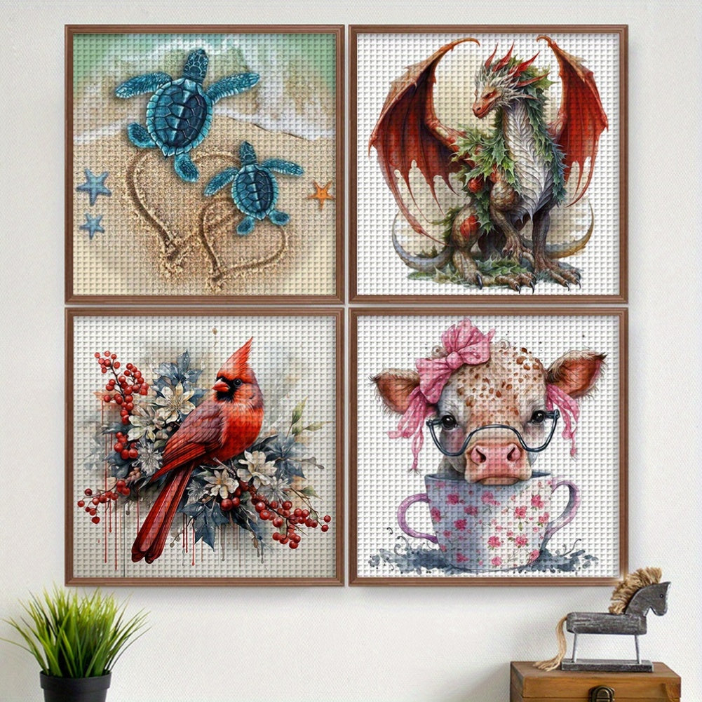 4pcs Animal Printed Cross Stitch Kit 15.75x15.75inch DIY 11CT Thread Art Needlework - Vibrant Turtle, Dragon, Bird & Pig Designs, Detailed Stitching Instructions, All-Season Craft Project, Canvas Material, Perfect for Home De