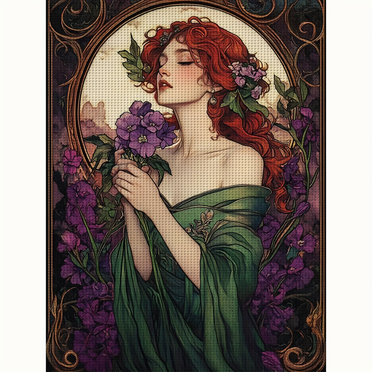 1 Set 11CT/14CT Moonlit Elegance Cross Stitch Kit - Vibrant Red-Haired Lady with Purple Flowers, Includes Canvas, Needles, Threads, Patterns & Instructions - Ideal for Bedroom & Living Room Decor, Perfect Gift, 30x40cm/11.8x1