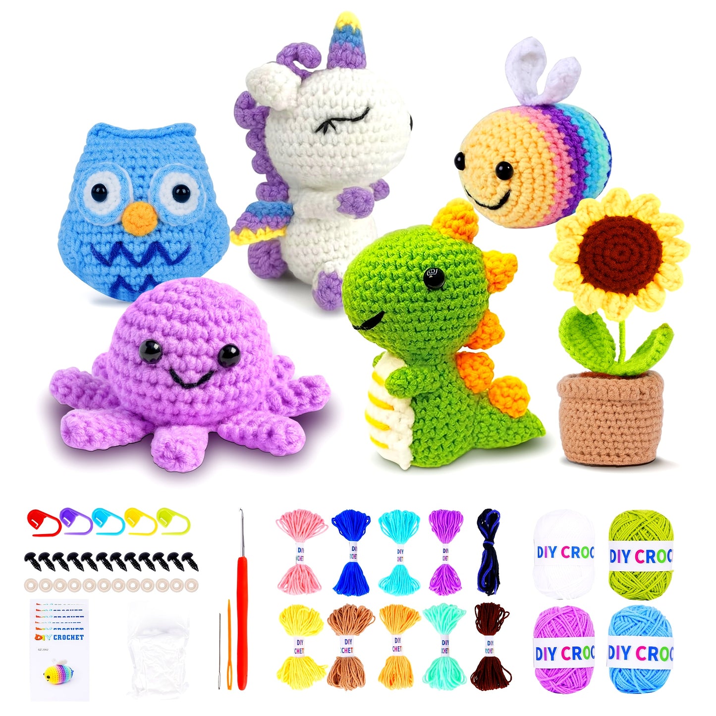 Fabric DIY Crochet Kit for Beginners - 6pcs Kawaii Amigurumi Animals Set, Mixed Color Yarn Plush Stuffed Animals, All Seasons Crafting Supplies