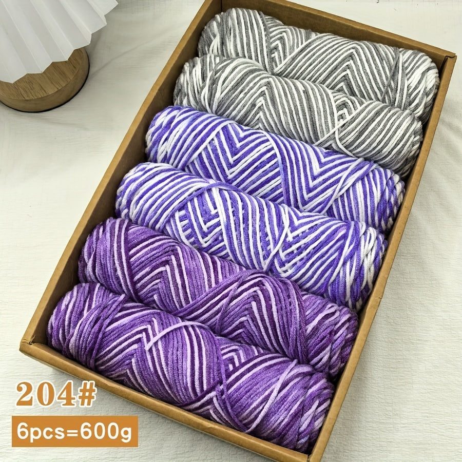 6pcs Multicolor Ombre Yarn Set | Soft Comfortable Self-Striping Acrylic Yarn for Knitting and Crochet, Ideal for Sweaters, Scarves, Hats, Gloves, Blankets, Handbags, Slippers - 600g Medium Weight