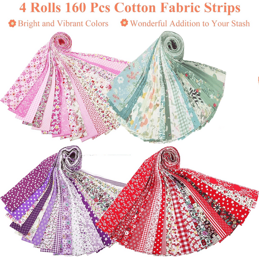160 Pcs 4 Roll Fabric Strips Assorted Quilting Fabric for Quilting Crafting and Sewing Rolled Cotton for Crafts Blanket Rug Upholstery and Purse Making (Cute Style)