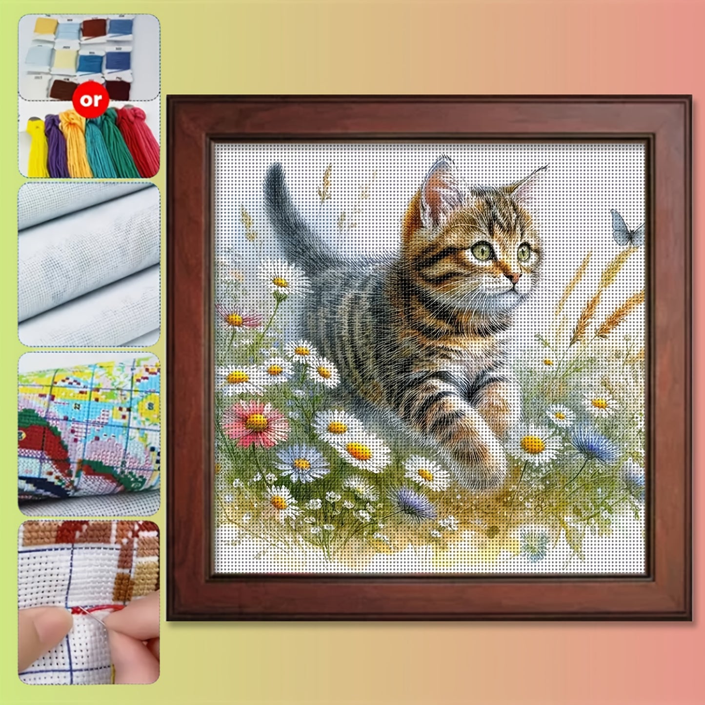 1 Set - Floral Cat Theme Cross Stitch Kit, DIY Embroidery Craft Supplies, 11CT Aida Cloth Stitching Artwork, Premium Cross Stitch Materials for Creative Handmade Decor! Perfect for Home Wall Decoration. Frameless, Handmade Gi