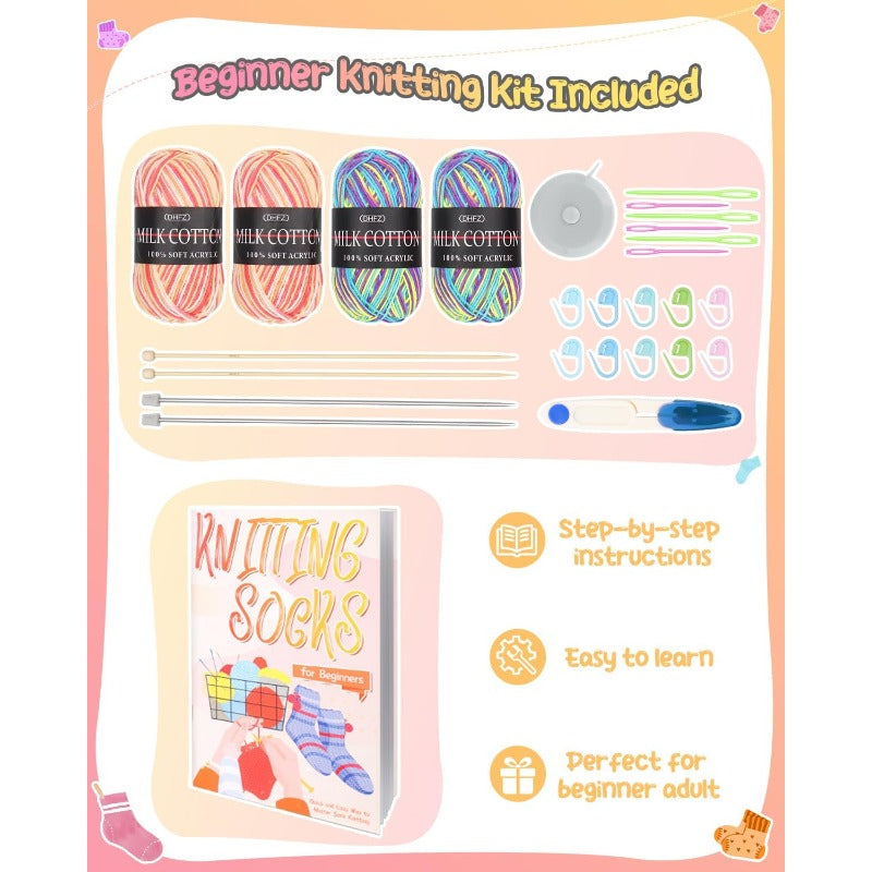 4pcs All-in-One Beginner Knitting Kit for Adults - Complete Step-by-Step Video Tutorial & E-Book Style Guide with 4 Color-Changing Sock Patterns | Yarn, 4 Knitting Needles & Detailed Instructions | All-Season Craft Set for So