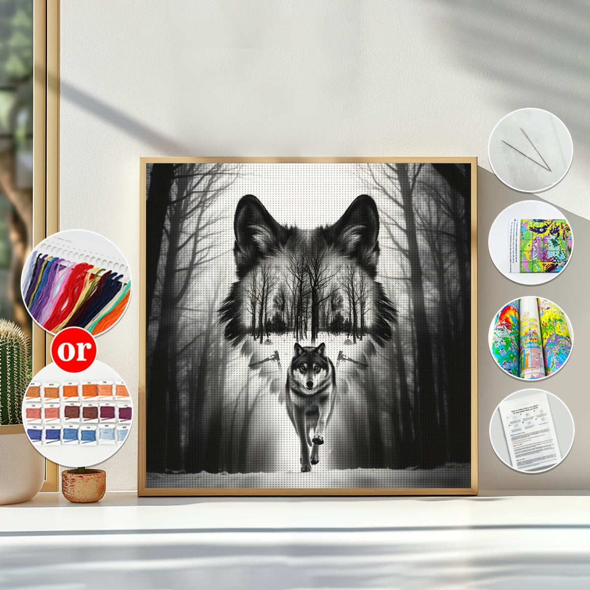 1pc 40x40cm/15.7x15.7" DIY Cross Stitch Kit - Gray Wolf in Winter Forest, Relaxing Adult Beginner Project with Printed Canvas, Needle, Thread, Pattern, and Instructions - Ideal for Home & Office Decor, Perfect Gift for Friend
