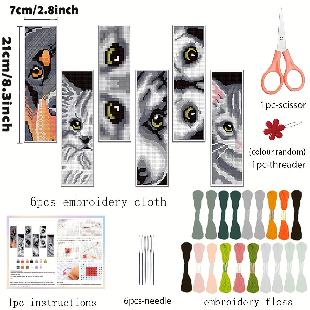 6 Sets of Cat and Dog Pattern Cross Stitch Kits for Beginners with Instructions, Random Embroidery Accessories Included, Animal Theme, All-Season Fabric Craft Kit, Beginner Craft Kit|Playful Design|Detailed Embroidery, Cat Cr