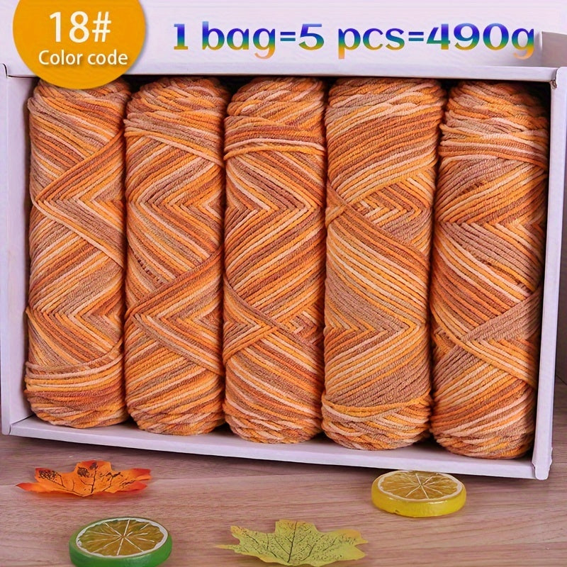 490g Multicolor Gradient Ombre Yarn Skein for Hand Knitting, 5-Ply Yarn Ball for Autumn/Winter Fashion Sweaters, Scarves, Hats, Gloves, Gifts, and Crafts, 5 Skeins per Pack