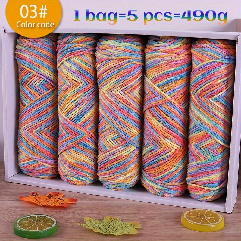 490g Multicolor Gradient Ombre Yarn Skein for Hand Knitting, 5-Ply Yarn Ball for Autumn/Winter Fashion Sweaters, Scarves, Hats, Gloves, Gifts, and Crafts, 5 Skeins per Pack