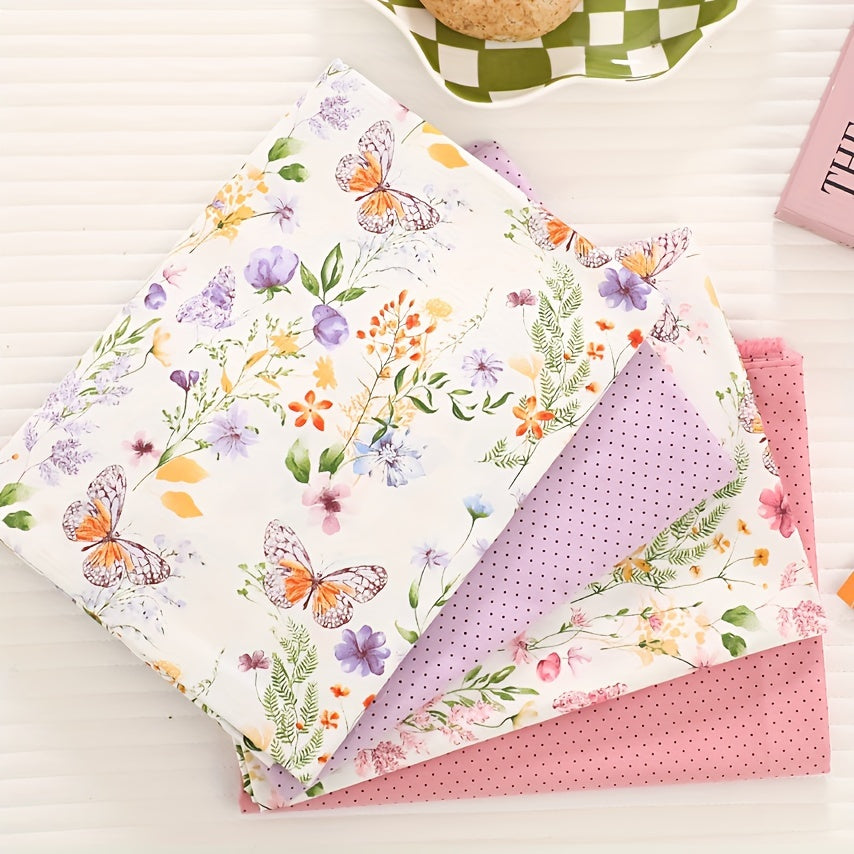 1pc Extra Long 39.4x63 Inches Large Roll - Pastel Floral fabric with Butterflies, Lilac, Violet, Orange, Yellow, Green, Purple, Pink, White - Pre-Cut Crafting Cloth for DIY Sewing Projects, Cushion Covers, Tablecloths, Curtai