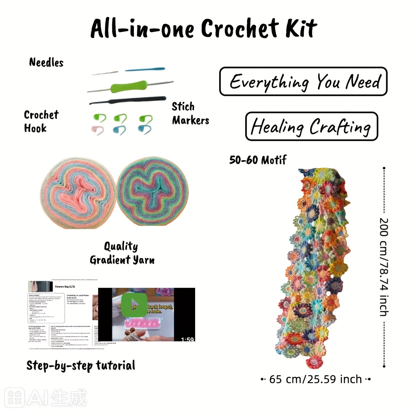Gradient Rainbow Floral Crochet Blanket Kit with Wool Yarn & Complete Tools - All-Season Throw, Bed Runner, Shawl for Intermediate Crocheters | Multicolor Ombre Design, Video Tutorials & Pattern Guide | Sky, Red, Green, Yello