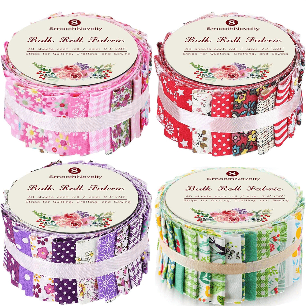 160 Pcs 4 Roll Fabric Strips Assorted Quilting Fabric for Quilting Crafting and Sewing Rolled Cotton for Crafts Blanket Rug Upholstery and Purse Making (Cute Style)
