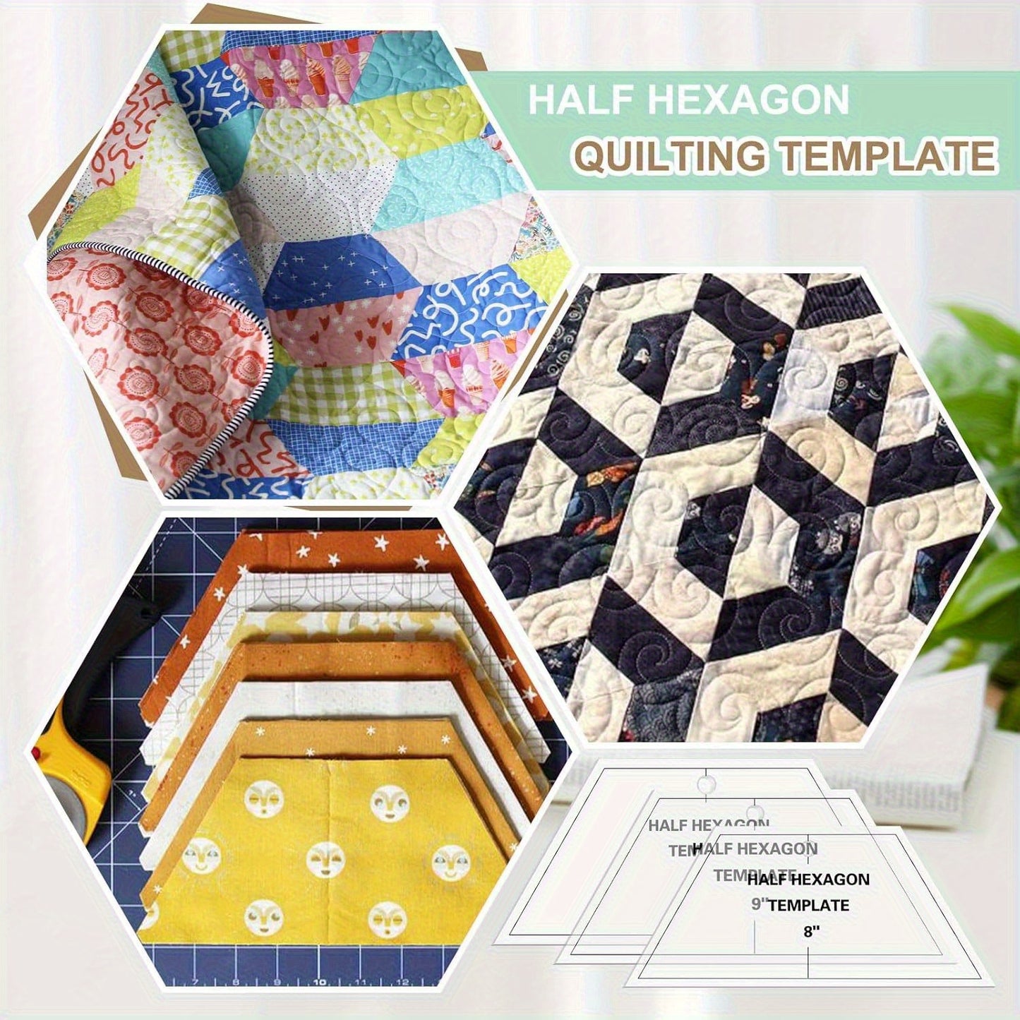 3pcs Set, Semi-Hexagonal Acrylic Knitting Template for Sewing and DIY Craft Pattern Cutting, Transparent Acrylic Quilting Ruler, Grid Pattern Ruler for DIY Crafts and Patches, Sewing Accessories | Durable Plastic, Sewing Supp