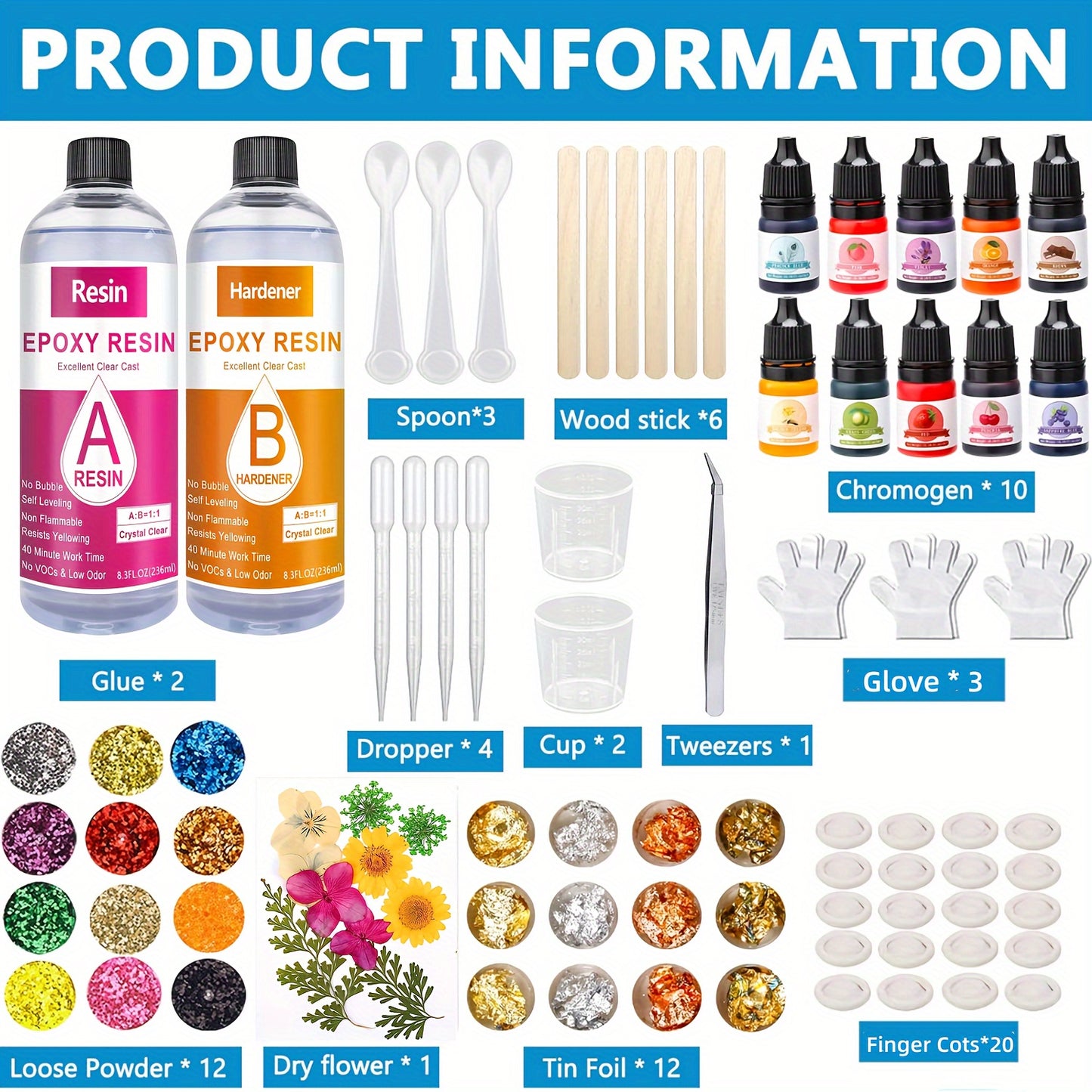 Epoxy Resin Starter Kit for Beginners, 512ml (16. 9oz) Total Clear Casting Resin with 1: 1 Ratio, Non-Toxic UV Resin Set with Colors, Glitters, Dry Flowers, Tools for Jewelry Making, Keychains, Art DIY Crafts