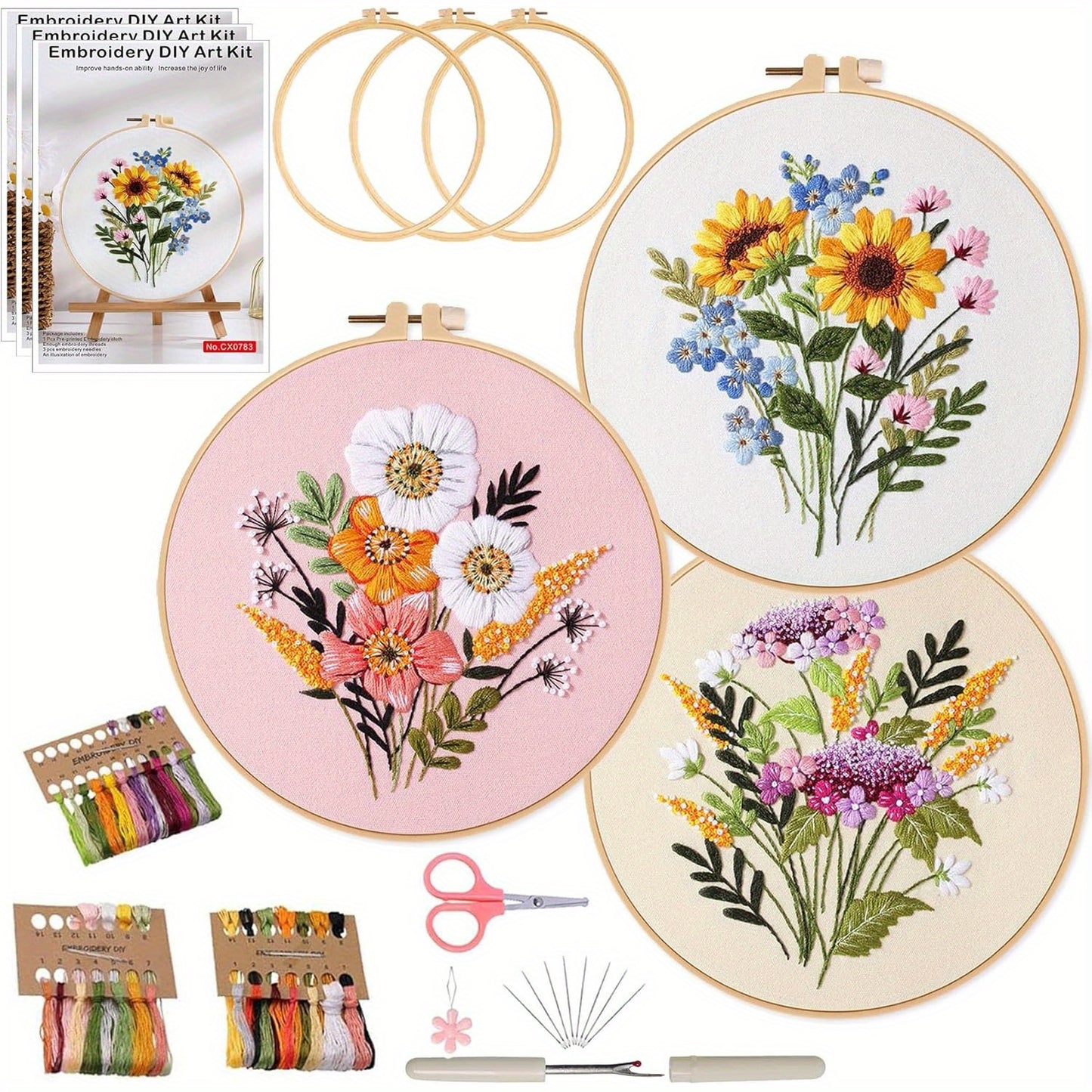 Ohcol 3 Sets Embroidery Kit for Beginners Cross Stitch Kits Needlepoint Kits Crafts for Adults with 3 Embroidery Hoops Easy-to-Follow Operating Instructions, Needle Point Kits with Flowers Patterns