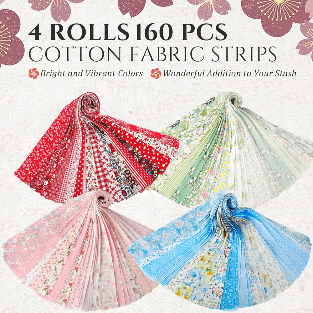 160 Pcs 4 Roll Fabric Strips Assorted Quilting Fabric for Quilting Crafting and Sewing Rolled Cotton for Crafts Blanket Rug Upholstery and Purse Making (Lively Style)