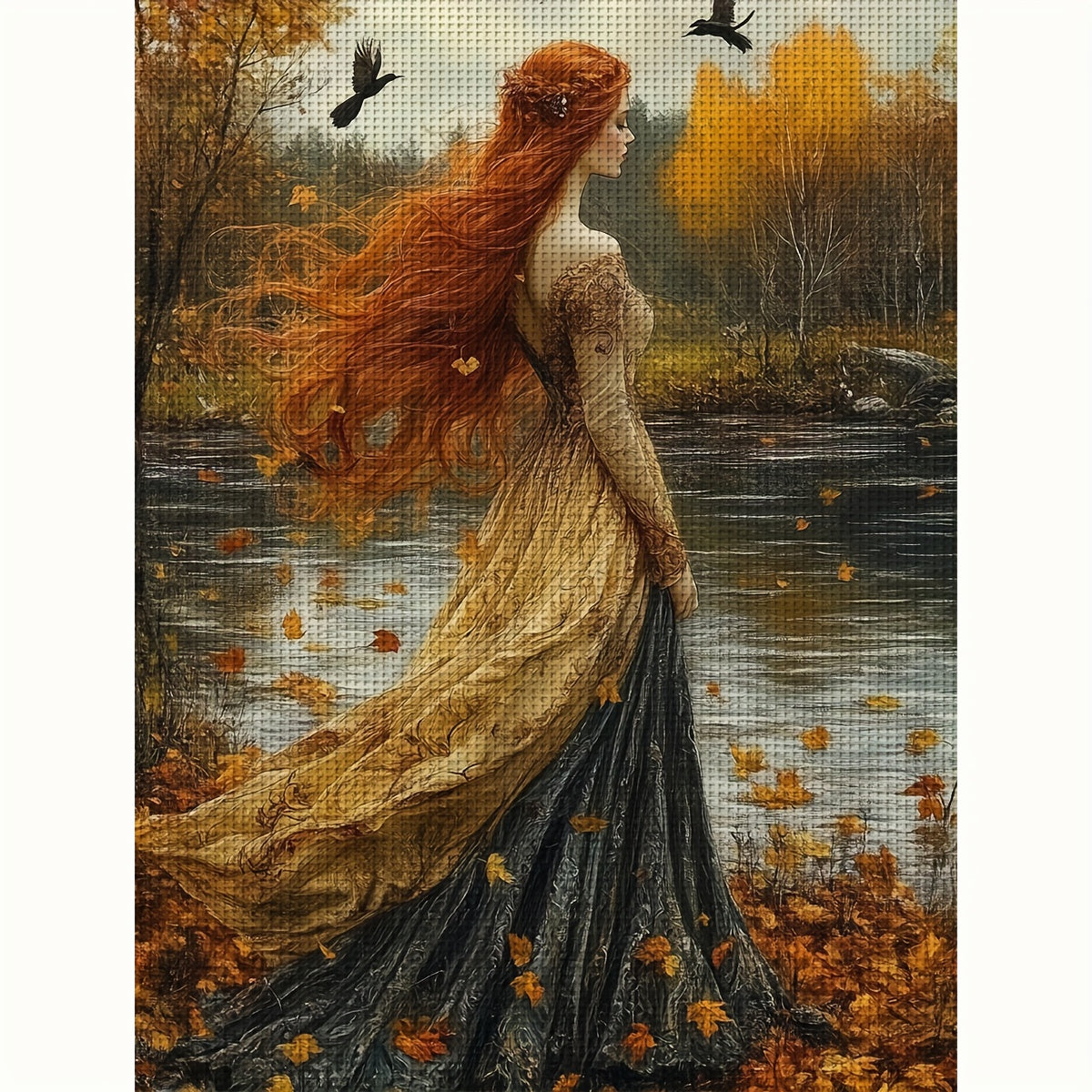JOZYSH 11CT/14CT Cross Stitch Kit - Elegant Red-Haired Lady in Autumn Landscape, DIY Canvas Art with Frame, 30x40cm/11.8x15.7in, All-Season Home Decor, Relaxing Handmade Gift for Office, Office Artwork | Autumnal Scene | Deta