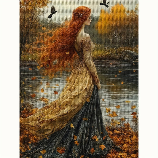 JOZYSH 11CT/14CT Cross Stitch Kit - Elegant Red-Haired Lady in Autumn Landscape, DIY Canvas Art with Frame, 30x40cm/11.8x15.7in, All-Season Home Decor, Relaxing Handmade Gift for Office, Office Artwork | Autumnal Scene | Deta